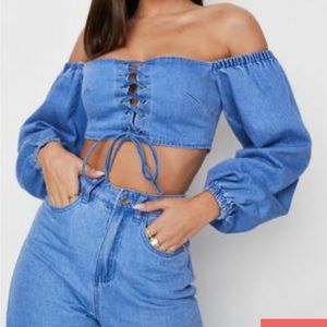 Missguided Blue denim lace tie front Bardot crop top